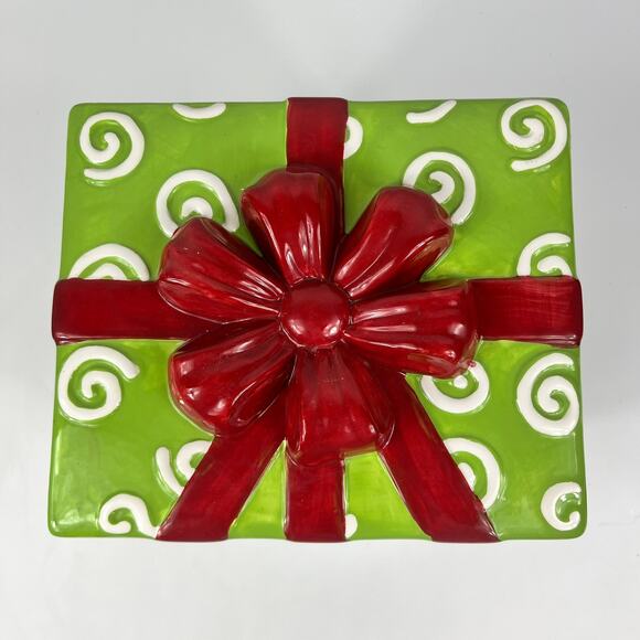 Ceramic Gift Box Canister Christmas Present Cookie Jar Green Red Ribbon Ceramic - Picture 6 of 16